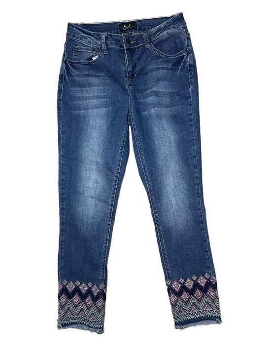 Earl Jeans Denim - Earl Jeans Blue Denim Cropped Skinny Jeans with Embroidered Raw Hem
